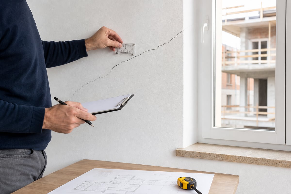 Arquitecto perito documentando una fisura junto a una obra en el inmueble colindante