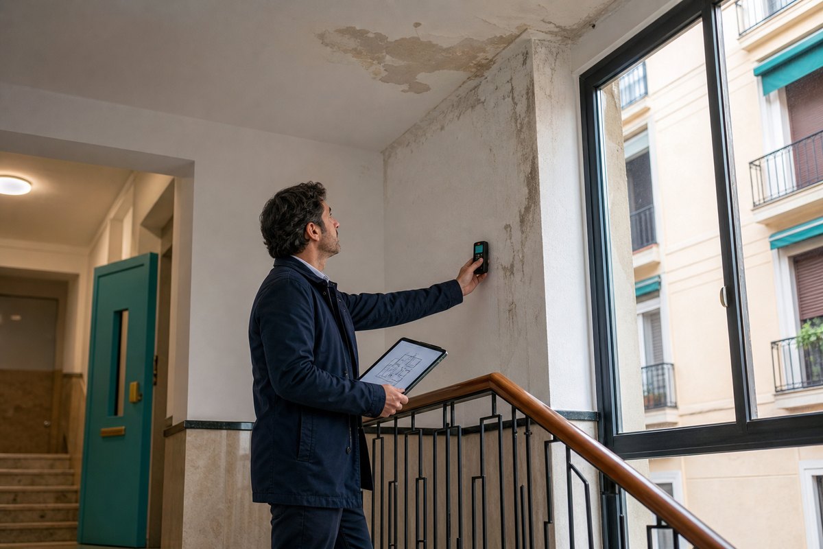 Perito arquitecto inspeccionando humedades en una zona común de un edificio