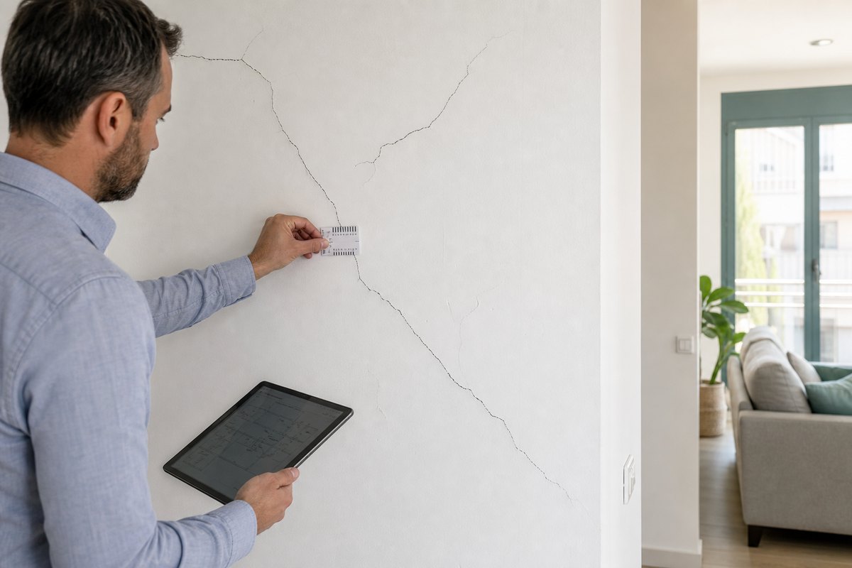 Perito arquitecto midiendo y documentando grietas en una pared de vivienda