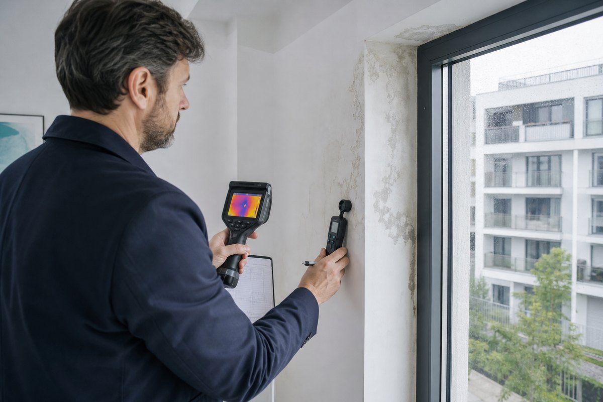 Perito arquitecto midiendo humedad y realizando termografía junto a una ventana