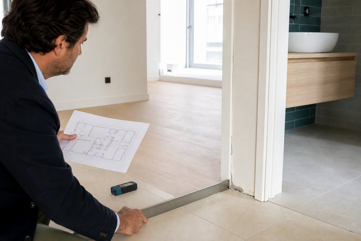Perito arquitecto comprobando niveles, planos y defectos de acabado en una reforma
